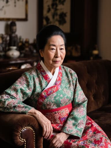 70대 혼혈 여성의 반신 사진으로, 자연스러운 외모를 가진 그녀가 아늑한 거실의 소파에 편안하게 앉아 있습니다. 화려한 문양이 돋보이는 전통 한복을 착용하고 있으며, 무관심한 표정을 짓고 팔걸이에 기대고 있습니다. 배경은 전통 소품과 가구로 가득한 따뜻한 분위기를 자아내며, 이 장면의 문화적 본질을 더욱 강조합니다.