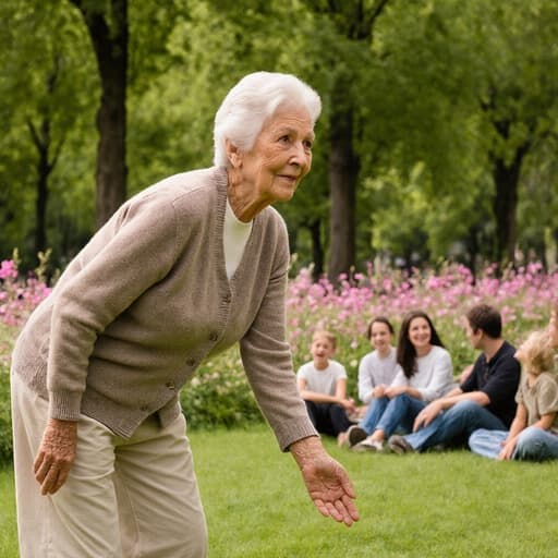80대 혼혈 여성의 반신 촬영으로, 편안한 카디건과 면 바지를 입고 주변 사람들에게 무관심한 표정으로 가벼운 인사를 하고 있는 모습입니다. 배경은 푸르른 나무와 다채로운 꽃들이 있는 공원으로, 잔디밭에 앉아 있는 가족의 모습이 보이며, 따뜻하고 초대하는 분위기를 연출합니다.