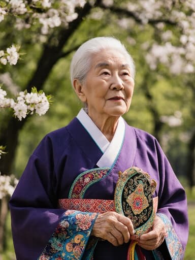 80대의 백인 여성으로, 자연스러운 외모를 가진 모습이 전통적인 한복을 입고 고요한 공원에 서 있는 전체 모습입니다. 나무와 꽃들이 조화롭게 어우러진 배경 속에서 외로운 표정을 지으며 한 손에는 전통 공예품을 부드럽게 들고 있습니다. 전체적인 분위기는 평화롭고, 그녀의 감정과 의상의 우아함을 강조합니다.