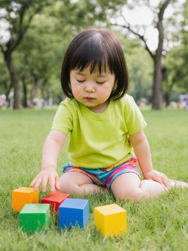 밝은 색상의 티셔츠와 편안한 반바지를 입은 3세 한국인 여성의 전신 사진입니다. 그녀는 졸린 표정을 지으며 반쯤 감은 눈으로 바닥에 놓인 블록을 바라보며 손을 흔들고 있습니다. 푸른 잔디와 나무가 있는 공원에서 촬영된 이 장면은 어린 시절의 순수함을 강조하며 기분 좋은 평화로운 분위기를 만들어냅니다.