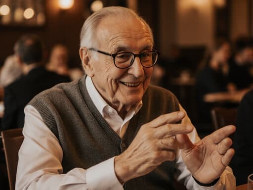 80대 유럽계 남성이 편안한 셔츠와 세련된 카디건을 입고 아늑한 카페에서 가족과 함께 앉아 대화하며 따뜻하게 미소 짓고 있는 모습입니다. 가족과의 특별한 기념일을 축하하며 따뜻하게 비춰지는 분위기 속에서 자연스럽게 손 제스처를 사용하여 대화하고 있습니다.