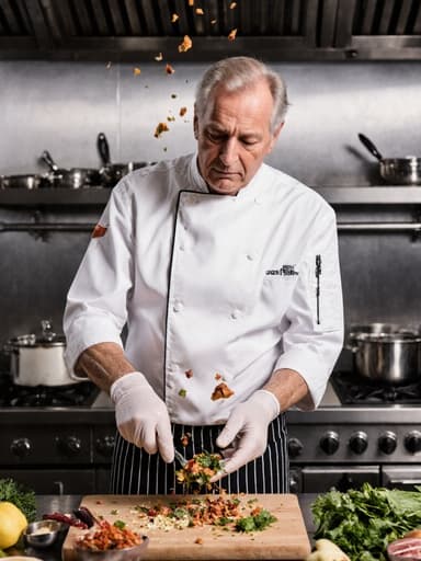 50대 유럽계 남성 요리사가 흰색 요리사 복과 장갑을 착용한 채 현대적인 주방에서 요리를 하고 있습니다. 그는 다양한 조리 기구와 신선한 재료로 가득 찬 주방에서 고민하는 표정을 지으며 재료를 공중으로 던지며 요리에 몰두하고 있습니다.