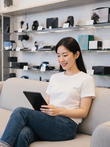 30대 한국인 여성의 반신 사진, 캐주얼한 티셔츠와 청바지를 입고 있으며, 현대적인 전자 매장에 있는 편안한 소파에 앉아 태블릿을 들고 따뜻하게 미소 지으며 화면을 바라보고 있습니다. 배경에는 다양한 전자 기기가 진열되어 있어 최신 기술을 강조하는 생동감 있고 초대하는 분위기를 만들어냅니다.