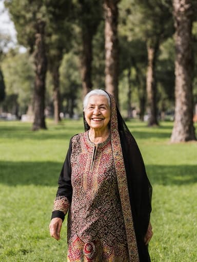 70대 중동계 여성이 전통 의상을 입고 푸른 잔디와 나무가 있는 공원에서 걷고 있으며, 따뜻한 미소로 행복한 감정을 드러내는 반신 촬영.