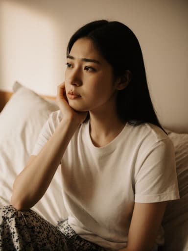 10대 후반의 백인 여성은 아늑한 침대에 앉아 부드러운 조명이 비추는 침실에서 편안한 티셔츠와 파자마 바지를 입고 있습니다. 턱을 괸 손으로 약간 피곤한 표정을 지으며 생각에 잠겨 있는 모습은 따뜻한 분위기 속에서 성찰의 순간을 완벽하게 포착하고 있습니다.