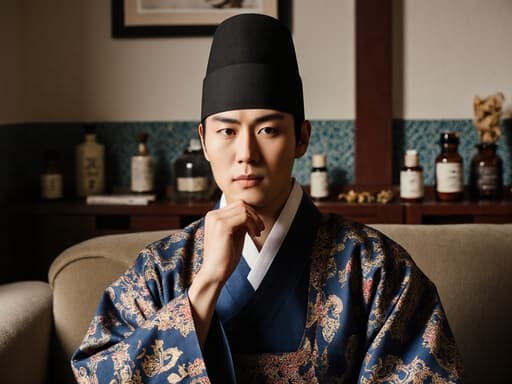 전통 한복 스타일의 의상을 입은 20대 중동계 남성이 소파에 앉아 손으로 턱을 괸 자세로 고민하는 듯한 찡그린 표정을 짓고 있는 반신 촬영. 배경은 차분한 색상의 벽과 다양한 한의학 도구들이 배치된 전통 한의학 상담실로, 진정한 분위기를 자아냅니다. 이 이미지는 내면의 성찰과 문화적 유산을 강조하며, 남성의 우아함과 차분한 환경을 부각합니다.