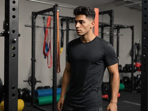 이 이미지는 20대 라틴계 남성이 트렌디한 운동복과 운동화를 착용하고 있는 반신 사진을 담고 있습니다. 그는 다양한 운동 기구가 있는 역동적인 체육관 환경에 서 있으며, 운동 도구와의 상호작용을 기다리며 기대감에 찬 활기찬 표정을 짓고 있어 피트니스와 동기 부여의 본질을 포착하고 있습니다.