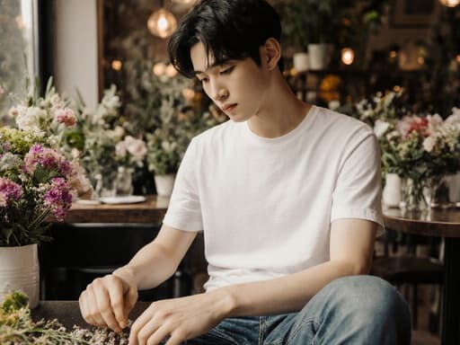 10대 초반의 동양인 남성이 아늑한 카페에서 꽃다발을 만들기 위해 꽃을 고르고 있는 장면이 반신으로 포착되었습니다. 편안한 티셔츠와 청바지를 착용한 그는 우아한 표정으로 꽃을 선택하고 있습니다. 카페 배경은 꽃과 식물로 장식되어 있어 따뜻하고 매력적인 분위기를 자아냅니다.