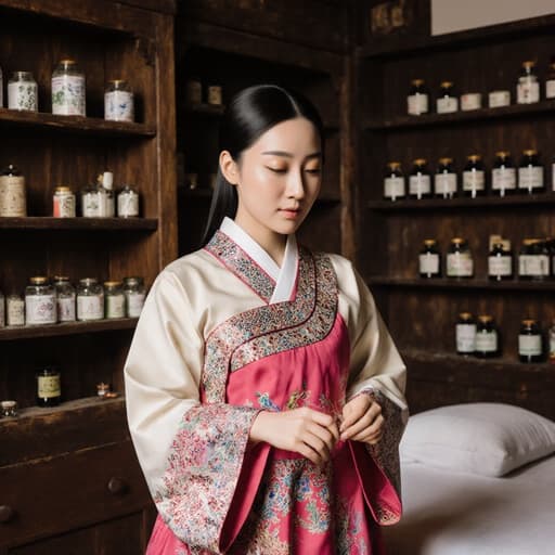 20대 동양인 여성이 전통 한복 스타일의 의상을 입고 전통 한의원에서 반신 샷으로 촬영되었습니다. 그녀는 차분한 표정을 지으며 침구를 손으로 만져보며 탐색하고 있으며, 배경에는 한약재가 진열된 선반과 침대가 있어 진Authentic한 편안한 분위기를 연출합니다.