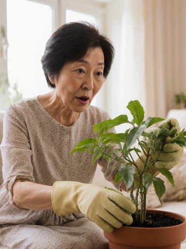 50대 동양인 여성이 편안한 원피스와 정원 장갑을 착용하고, 밝고 아늑한 거실에서 식물을 놀라운 표정으로 살펴보며 앉아 있는 모습. 자연광이 공간을 따뜻하게 비추고 있습니다.