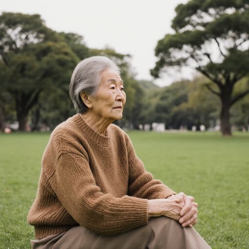 80대 한국인 여성의 반신 사진이 담겨 있으며, 따뜻한 색상의 니트 스웨터와 편안한 바지를 입고 있습니다. 지루한 표정으로 주변을 바라보며 크로스 레그로 앉아 가족의 이야기를 회상하는 듯한 모습입니다. 배경은 푸르고 평화로운 잔디와 나무들로 가득한 공원으로, 이 순간의 향수를 더욱 강조합니다.