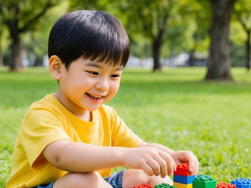 귀엽고 순수한 외모를 가진 3세 남성 아시아계 아이의 반신 촬영, 밝은 티셔츠와 편안한 반바지를 입고 즐거운 미소를 지으며 레고 블록을 조립하는 모습, 푸른 잔디와 나무가 있는 공원에서의 모습.