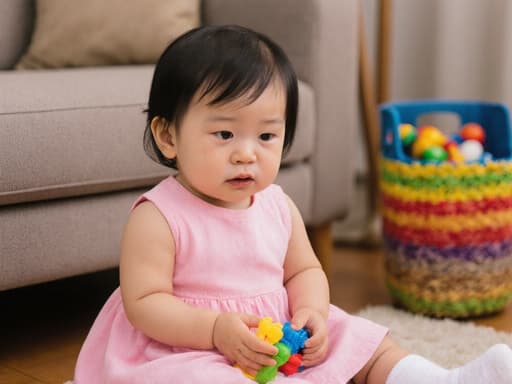 아늑한 거실 바닥에 앉아 있는 귀여운 분홍색 원피스와 하얀 양말을 입은 1세 동양인 여아의 반신 촬영. 장난감을 쥐고 있지만 지루한 표정을 짓고 있으며, 배경에는 소파와 장난감 바구니가 있습니다.