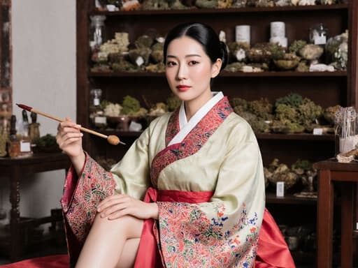 세련된 외모를 가진 30대 아시아계 여성이 전통 한복을 입고, 크로스 레그로 앉아 있는 모습에서 자신감 넘치는 표정을 지으며 뜸 치료 도구를 손에 들고 있습니다. 다양한 약재로 가득한 한약 조제실에서 편안하고 문화적으로 풍부한 분위기를 자아내고 있습니다.