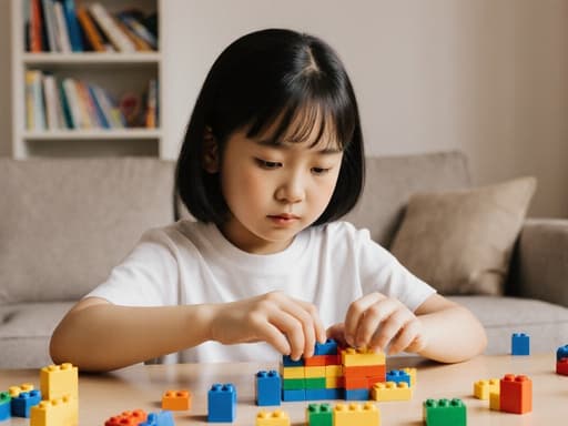 자연스러운 외모를 가진 7세 아시아계 여아가 캐주얼한 티셔츠와 반바지를 입고 아늑한 거실 테이블에서 다채로운 레고 블록을 조립하며 살짝 배고픈 표정을 지으며 집중하는 모습의 반신 사진. 따뜻한 배경에는 소파와 작은 책장이 있어 아늑한 분위기를 더하고 있다.