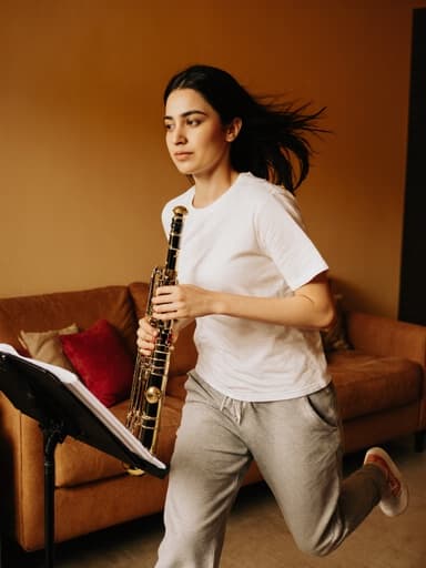 20대 중동계 여성이 편안한 티셔츠와 조거 팬츠를 입고 악기를 들고 달리는 모습의 전신 사진을 촬영했습니다. 그녀는 집중한 표정을 지으며, 밝은 색상의 거실 배경에는 아늑한 소파와 악기 스탠드가 배치되어 있어 에너지 넘치고 창의적인 분위기를 반영합니다.