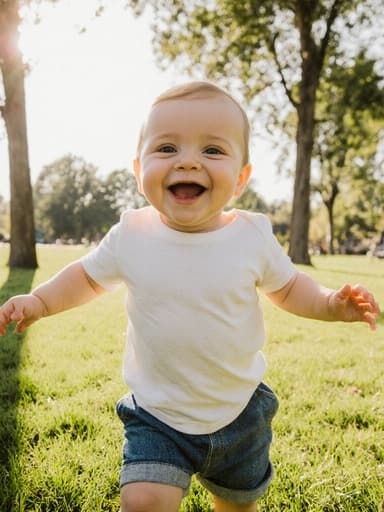 편안한 티셔츠와 반바지를 입은 1세 백인 남성 아기가 숨바꼭질을 하며 즐겁게 춤을 추고 있는 전신 사진입니다. 아기는 순수한 미소를 띠고 있으며, 어린 시절의 기쁨을 잘 나타내고 있습니다. 배경은 푸른 잔디와 나무가 있는 활기찬 공원으로, 유아의 즐거움을 강조하는 생동감 있는 분위기를 연출하고 있습니다.