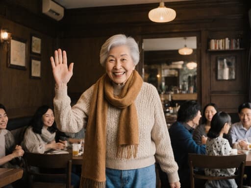 따뜻하고 매력적인 반신 샷의 70대 한국인 여성으로, 자연스러운 외모를 보여주고 있습니다. 그녀는 편안한 니트 스웨터와 청바지를 입고 있으며, 아늑한 따뜻한 색상의 스카프를 두르고 있습니다. 부드러운 미소를 지으며 가족을 반갑게 맞이하고, 손을 살짝 들어 인사하는 모습입니다. 배경에는 가족들이 모여 앉아 있는 아늑한 카페의 내부가 보이며, 따뜻함과 함께하는 분위기를 강조합니다.