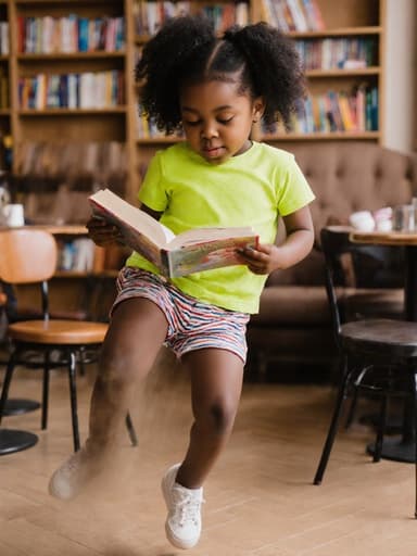 이미지는 밝은 티셔츠와 반바지를 입고 있는 귀여운 3세 흑인 소녀가 책을 들고 점프하며 졸린 듯하면서도 즐거운 표정을 짓고 있는 모습을 담고 있습니다. 아늑한 카페 배경은 책장과 편안한 의자로 구성되어 있어 그녀의 책과의 놀이 상호작용을 강조하는 따뜻한 분위기를 만들어냅니다.