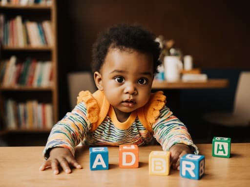 호기심 가득한 1세의 흑인 여성 아기가 밝고 편안한 의상을 입고, 아늑한 카페에서 알파벳 블록을 향해 스트레칭하는 모습의 반신 촬영입니다. 따뜻한 배경에는 책과 장난감이 놓인 테이블이 있어, 놀고 싶은 분위기를 자아냅니다.