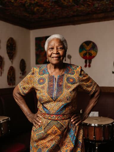 화려한 전통 의상을 입은 80대 아프리카계 여성의 전신 사진으로, 평화로운 표정을 지으며 아프리카 전통 음악이 흐르는 아늑한 카페에서 가볍게 점프하고 있는 모습.