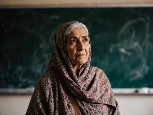 60대 중동계 여성이 전통 의상을 입고 교실의 칠판 앞에 서서 학생들을 바라보며 고민하는 표정을 짓고 있는 반신 사진. 따뜻한 교실 환경이 멘토십의 매력적인 분위기를 더합니다.