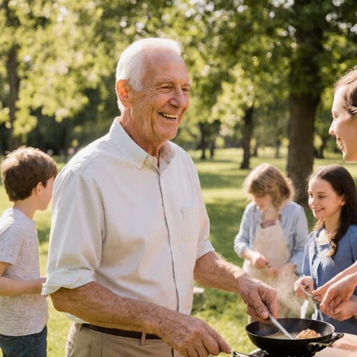70대 유럽계 남성이 편안한 셔츠와 바지를 입고 자연스러운 외모로 반신 촬영된 모습입니다. 그는 햇살이 비추는 공원에서 가족을 향해 만족스러운 표정으로 인사하며 요리 준비를 하고 있습니다. 이 장면은 자연 속에서 가족과 함께하는 즐거운 순간의 아름다움을 강조합니다.
