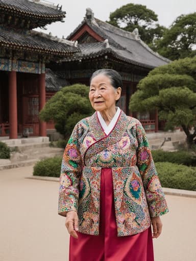 전통 한복을 입고 아름다운 전통 건축물을 바라보며 천천히 걷고 있는 80세 아시아계 여성의 전신 사진으로, 친근한 표정을 짓고 있습니다.