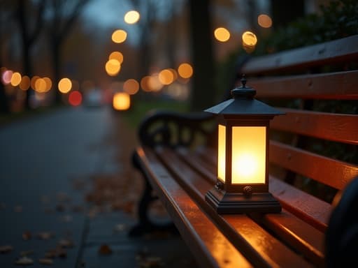 도시의 공원 벤치에 놓인 부드러운 빛의 램프, 따뜻한 조명, 나무 사이로 스며드는 자연광, 벤치의 섬세한 질감, 부드럽게 춤추는 그림자, 사실적인 심도