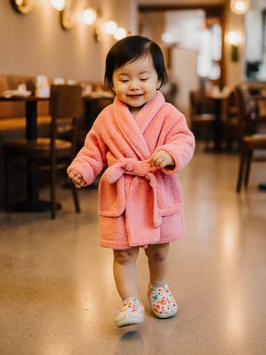 밝은 색의 목욕 가운과 귀여운 슬리퍼를 착용한 귀여운 1세 아시아계 여성의 전신 사진. 졸린 표정으로 눈을 반쯤 감고 작은 발을 살짝 들어 춤추는 듯한 모습이 아늑한 카페 내부에서 따뜻한 조명이 비추는 테이블과 의자와 함께 담겨 있습니다.