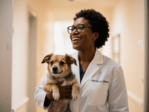 40대 아프리카계 여성 의사가 스타일리시한 안경과 의사 가운을 입고, 아늑한 동물 치료 클리닉에서 작은 개를 안고 행복한 미소를 짓고 있습니다. 따뜻하고 초대하는 분위기가 그녀와 애완동물 간의 유대를 보여주는 전문적이면서도 애정 어린 환경을 나타냅니다.