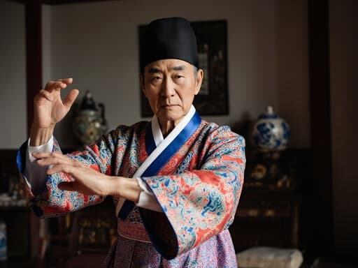 이 이미지는 70대 동양인 남성이 전통 한복을 입고 있는 반신 촬영을 보여줍니다. 화려한 문양이 돋보이며, 춤추는 자세를 취하고 있지만 지루한 표정이 감정을 드러냅니다. 전통 한국식 거실의 배경은 장면의 문화적 풍요로움을 더합니다.