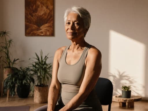 50대 혼혈 여성의 반신 사진으로, 자연스러운 외모와 평온한 표정을 보여줍니다. 그녀는 편안하고 스타일리시한 요가복을 입고 의자에 우아하게 앉아 기다리는 모습입니다. 이 장면은 아늑하고 아름다운 요가 스튜디오에서 촬영되었으며, 큰 창문을 통해 부드러운 자연광이 들어와 차분한 분위기를 자아냅니다. 그녀의 편안한 자세와 고요한 환경의 조화는 마음챙김과 웰니스의 본질을 강조합니다.
