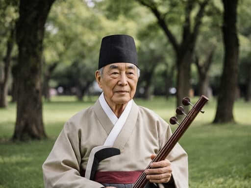 70대 혼혈 남성이 전통 음악을 연주할 때 입는 한복을 입고, 공원의 푸른 잔디 위에 앉아 전통 악기를 들고 평온한 표정을 짓고 있는 절반 신체 샷. 나무들이 둘러싸인 배경 속에서 고요한 분위기를 자아냅니다.