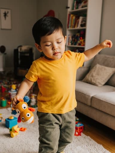 귀여운 얼굴을 가진 혼혈 3세 남자아이가 밝은 색상의 티셔츠와 편안한 바지를 입고 인형을 들고 살짝 몸을 기울이며 춤추고 있는 모습의 전신 사진. 그의 표정은 졸린 듯 반쯤 감긴 눈을 하고 있으며, 아늑한 거실 배경에는 장난감이 흩어져 있고 소파와 책장이 있어 따뜻하고 초대하는 분위기를 자아냅니다.