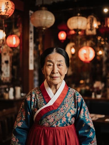 80대의 혼혈 여성의 전신 사진으로, 화려한 자수가 돋보이는 전통 한복을 입고 따뜻한 조명으로 꾸며진 전통 축제 카페에서 주위를 바라보며 그리운 표정을 짓고 있습니다.