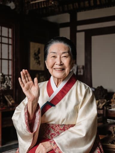 80대 백인 여성으로, 전통 한국식 한복을 착용하고 따뜻한 미소를 지으며 손을 들어 인사하는 포즈를 취하고 있는 반신 사진, 고풍스러운 가구가 어우러진 전통 한국식 거실을 배경으로 한 이미지.
