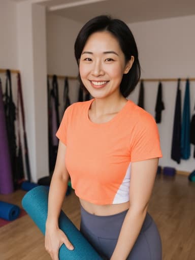 30대의 동양인 여성이 밝은 요가 복장을 입고 반신 촬영된 모습입니다. 한 손에 요가 매트를 들고 다른 손은 허리에 얹으며 자신감 넘치는 미소를 짓고 있습니다. 배경은 요가 매트와 용품으로 정돈된 아늑한 요가실로, 따뜻하고 초대하는 분위기를 연출합니다.