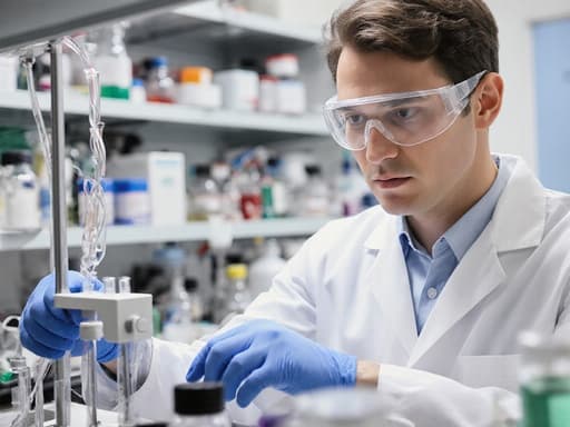30대 백인 남성 연구자가 흰색 실험복과 보호 안경을 착용하고, 다양한 실험 장비와 화학 물질이 가득한 깨끗하고 정돈된 실험실에서 실험 장비를 조정하며 연구에 몰두하는 평온한 모습입니다.
