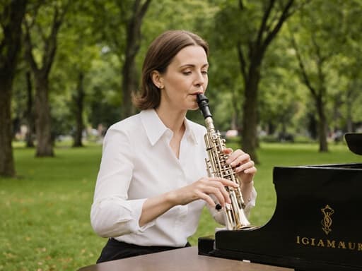 40대의 우아한 유럽계 여성이 깔끔한 블라우스와 세련된 스커트를 입고 테이블에 앉아 악기를 연주하며, 푸르른 공원에서 자연의 소리가 느껴지는 평화로운 분위기를 전달하는 반신 촬영입니다.