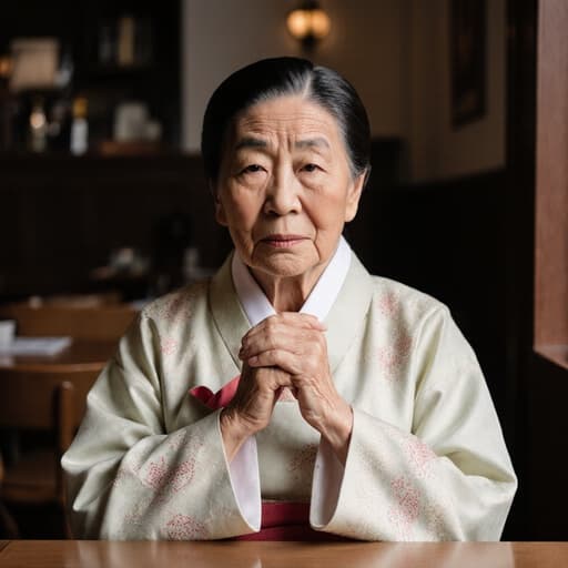 전통 한복을 입은 80대 혼혈 여성의 반신 사진으로, 따뜻한 카페에서 테이블에 앉아 걱정스러운 표정을 짓고 있으며, 부드러운 색상과 전통 음악이 흐르는 분위기를 담고 있습니다.