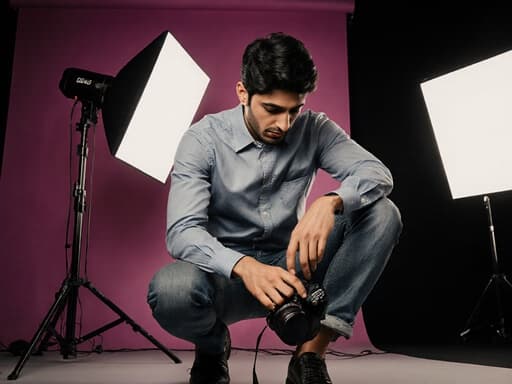 자신감 있는 중동계 20대 남성이 캐주얼한 셔츠와 청바지를 입고, 신발을 신으며 카메라를 조작하는 모습이 전문적인 촬영 공간에서 촬영되고 있습니다.