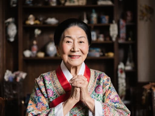 이 이미지는 전통 한복을 입고 있는 80대 혼혈 여성이 따뜻한 미소를 지으며 두 손을 모아 인사하는 자세를 취하고 있는 모습을 담고 있습니다. 전통 공예품으로 가득한 아늑한 거실 배경이 이 장면의 문화적 본질을 강조합니다.
