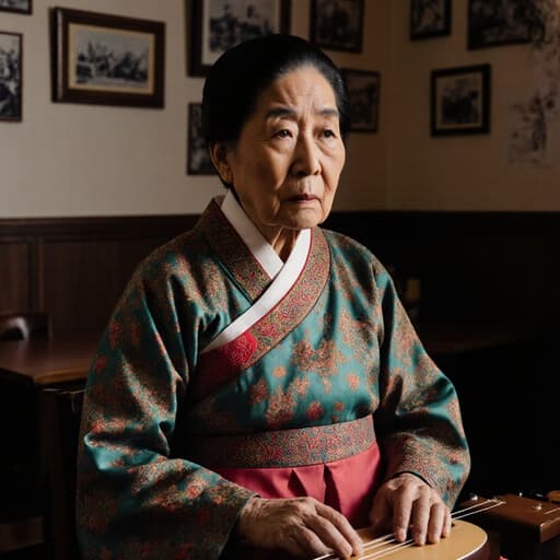 80대의 한국인 여성이 화려한 전통 한복을 입고, 아늑한 카페에서 전통 악기를 들고 있는 반신 초상. 외로운 표정과 슬픈 눈빛이 장면에 감정적인 깊이를 더해주며, 향수와 문화적 풍성함을 불러일으킵니다.