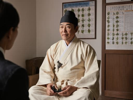40대 아프리카계 남성이 전통 한복을 입고 한의원에서 상담에 몰입하며 크로스 레그로 앉아, 상담 도구를 손에 들고 열정적인 표정을 짓고 있는 모습, 벽면에는 한약재와 차트가 있습니다.