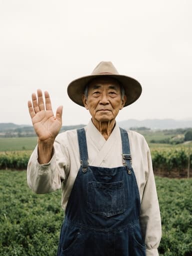 60세 한국인 남성이 전통 농부 의상을 입고 지루한 표정을 지으며 손을 흔들며 인사하는 모습의 반신 촬영. 배경은 푸른 들판과 구릉이 보이는 아름다운 농장 풍경으로, 평화로운 시골 분위기를 자아낸다.