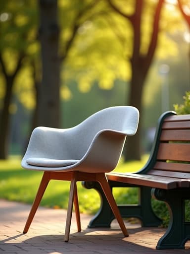 생동감 있는 도시 공원 벤치에 현대적인 실내 의자가 놓여져 있고, 나무 사이로 따뜻한 햇살이 비추어 자연스러운 분위기를 만들어 냅니다.