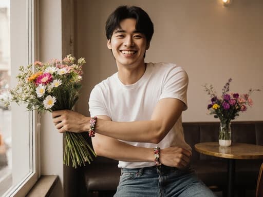 아늑한 카페에서 꽃다발을 들고 스트레칭하며 자유롭게 웃고 있는 혼혈 남자아이의 반신 촬영, 창가에 꽃 장식 테이블이 있는 모습.