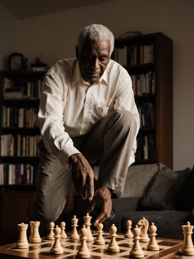 차분한 표정의 70대 아프리카계 남성이 아늑한 거실에서 체스판 위의 말들과 상호작용하며 점프하는 역동적인 장면입니다. 그는 편안한 캐주얼 셔츠와 바지를 입고 있으며, 게임에 집중하는 자연스러운 매력을 발산하고 있습니다.