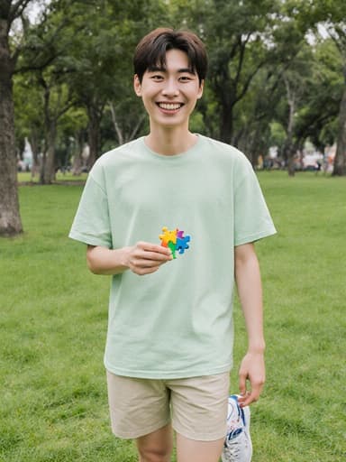 푸른 잔디와 나무들이 있는 공원에서 밝은 색상의 티셔츠와 반바지를 입고 퍼즐 조각을 들고 즐겁게 웃고 있는 1세 한국인 남아의 전신 사진.